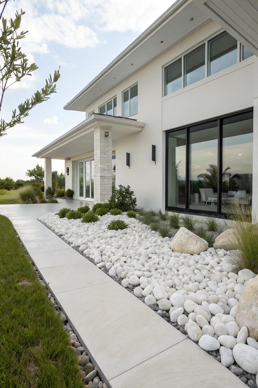 A modern home exterior beautifully integrated with white stone landscaping for a cohesive look.