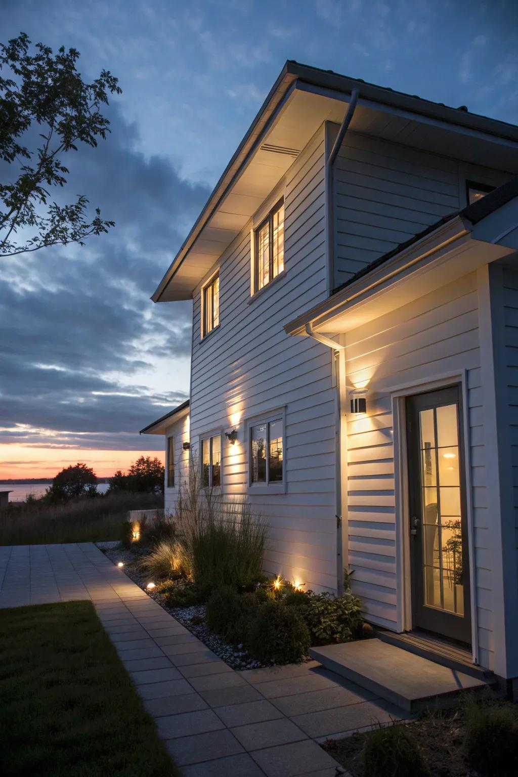 A white siding house beautifully illuminated by modern lighting.