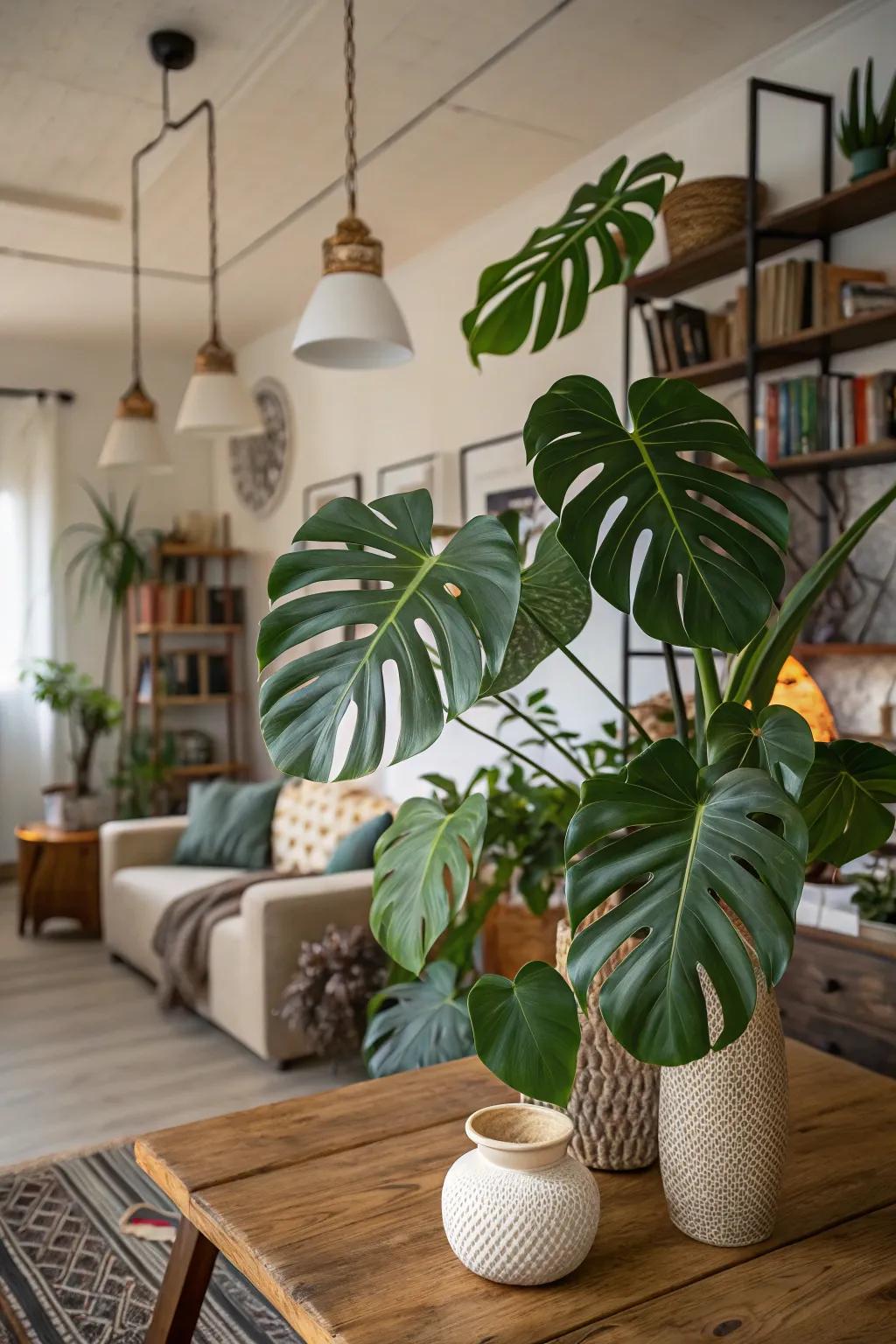 A space featuring real and faux split-leaf philodendron fronds.