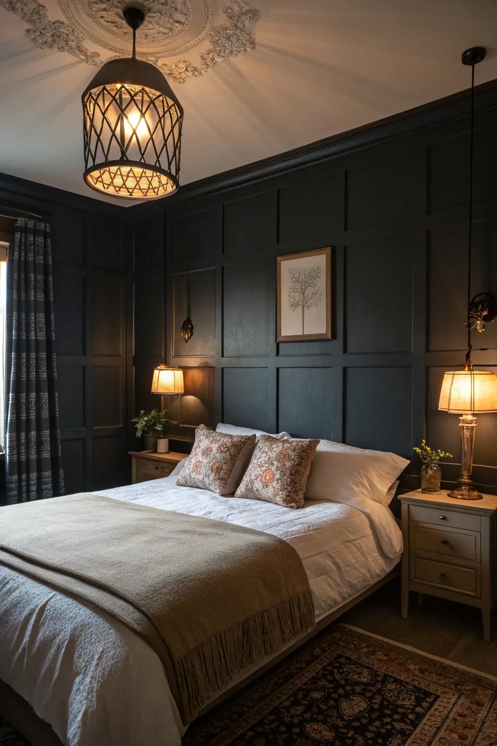 A bedroom with deep walls and light bedding.