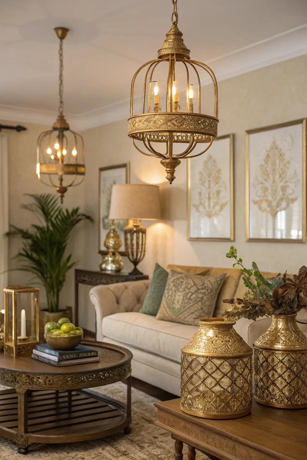 Metallic highlights introducing elegance to a shadowy living area.