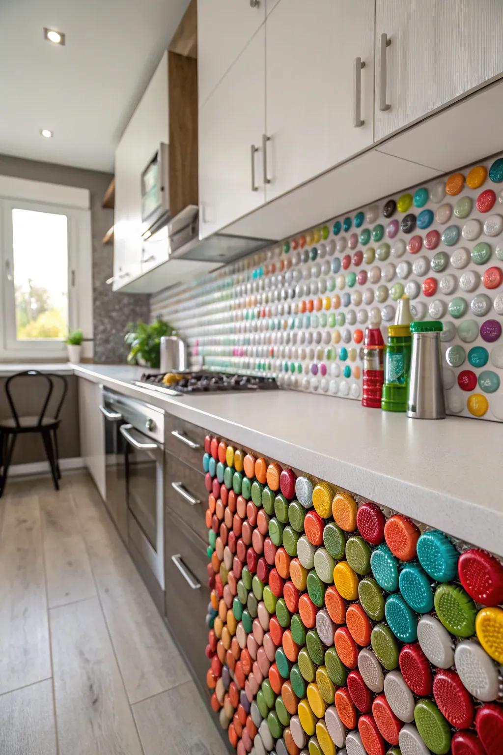 Bottle caps create a fun and vibrant mosaic design.
