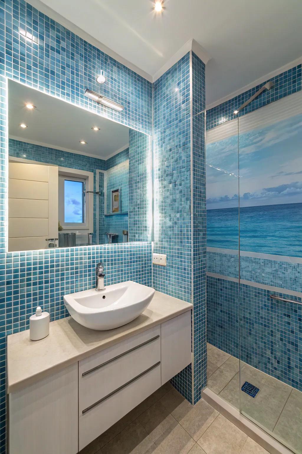 Evoke the tranquility of the ocean through soothing blue mosaic tiles.