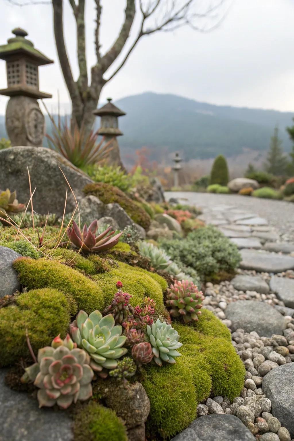 A vibrant rock garden featuring lush moss rocks.