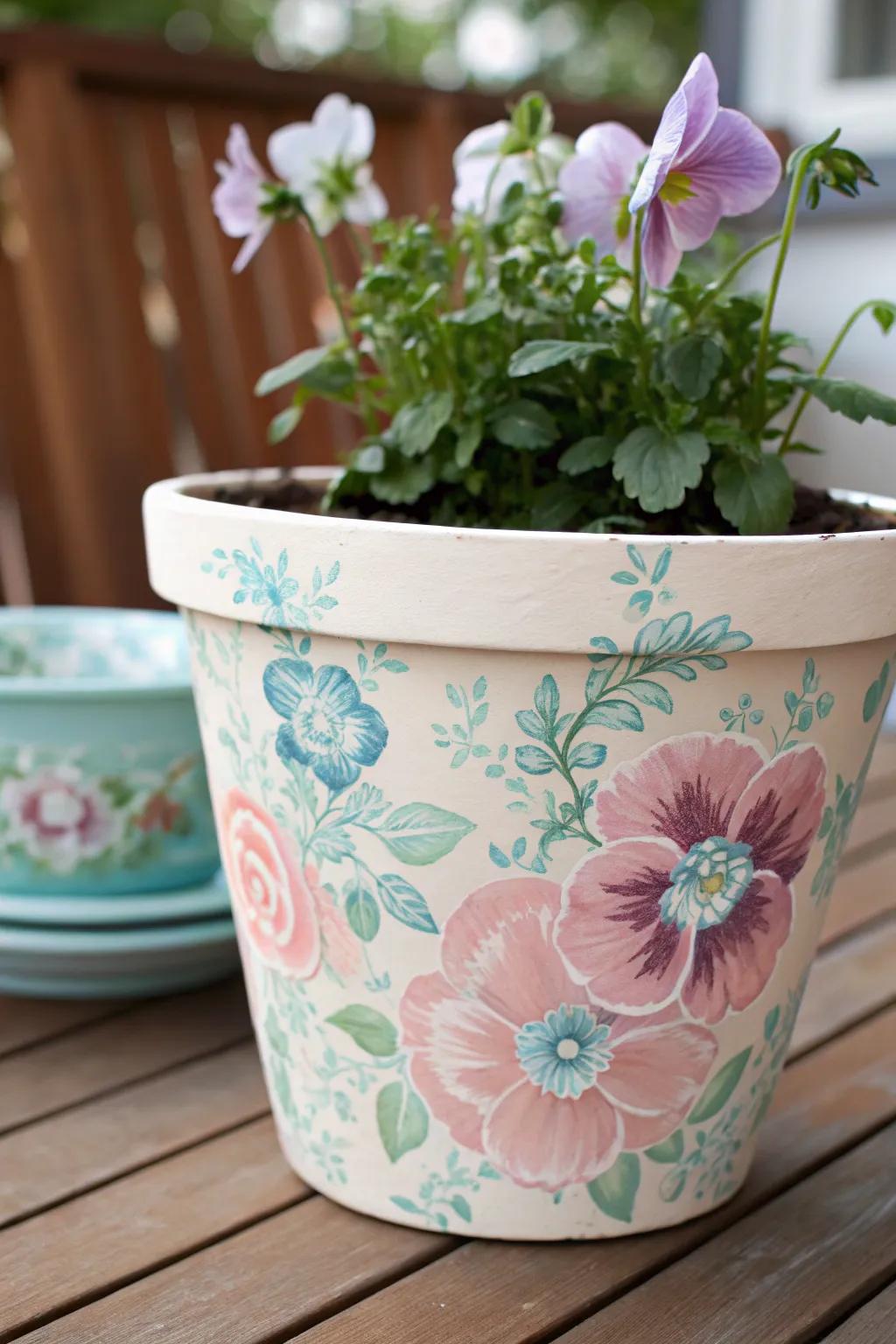 A flower pot showcasing a superbly stenciled design.