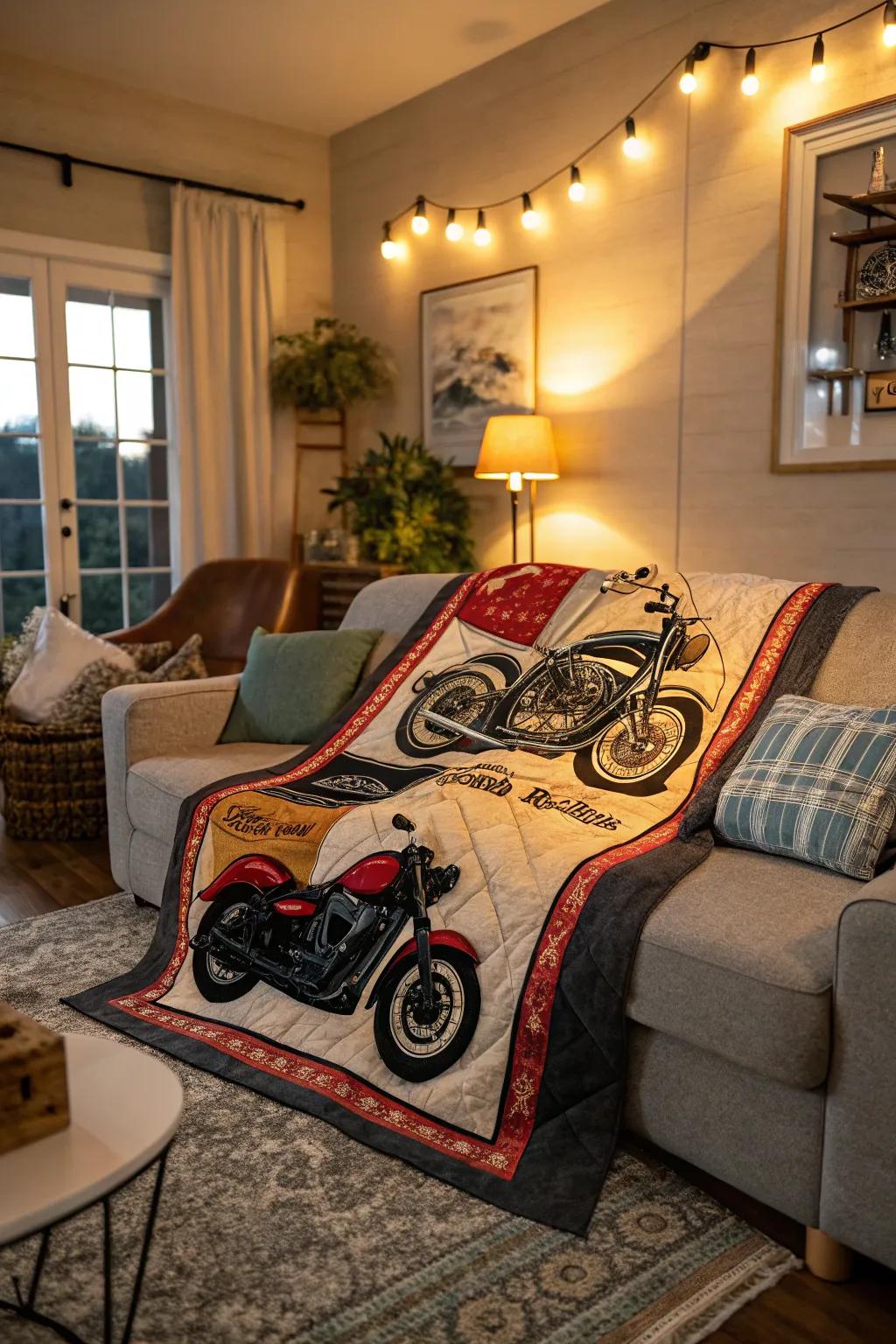 A cozy coverlet with bike motifs for added warmth.