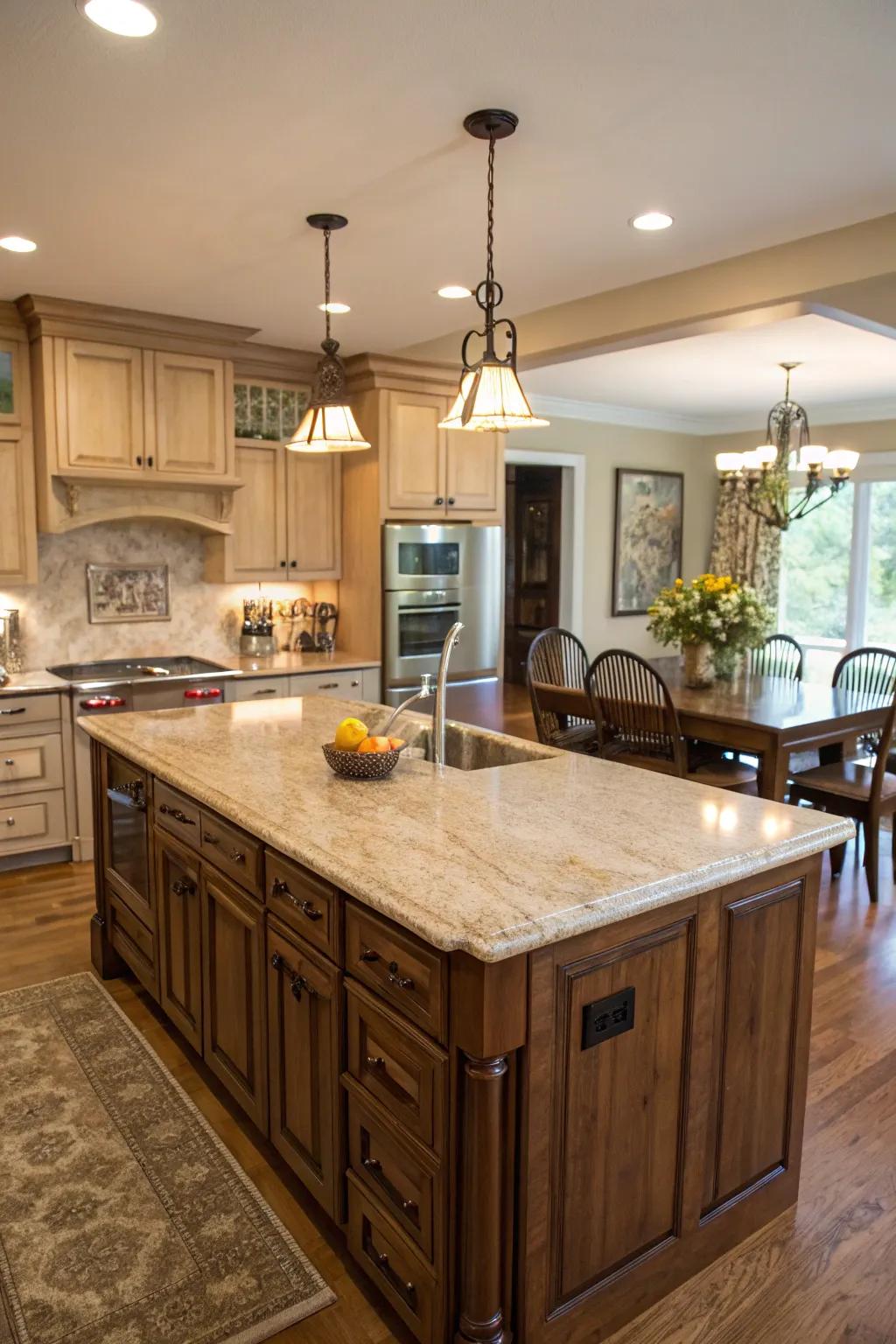 Central counters serve as central gathering spots in the kitchen.