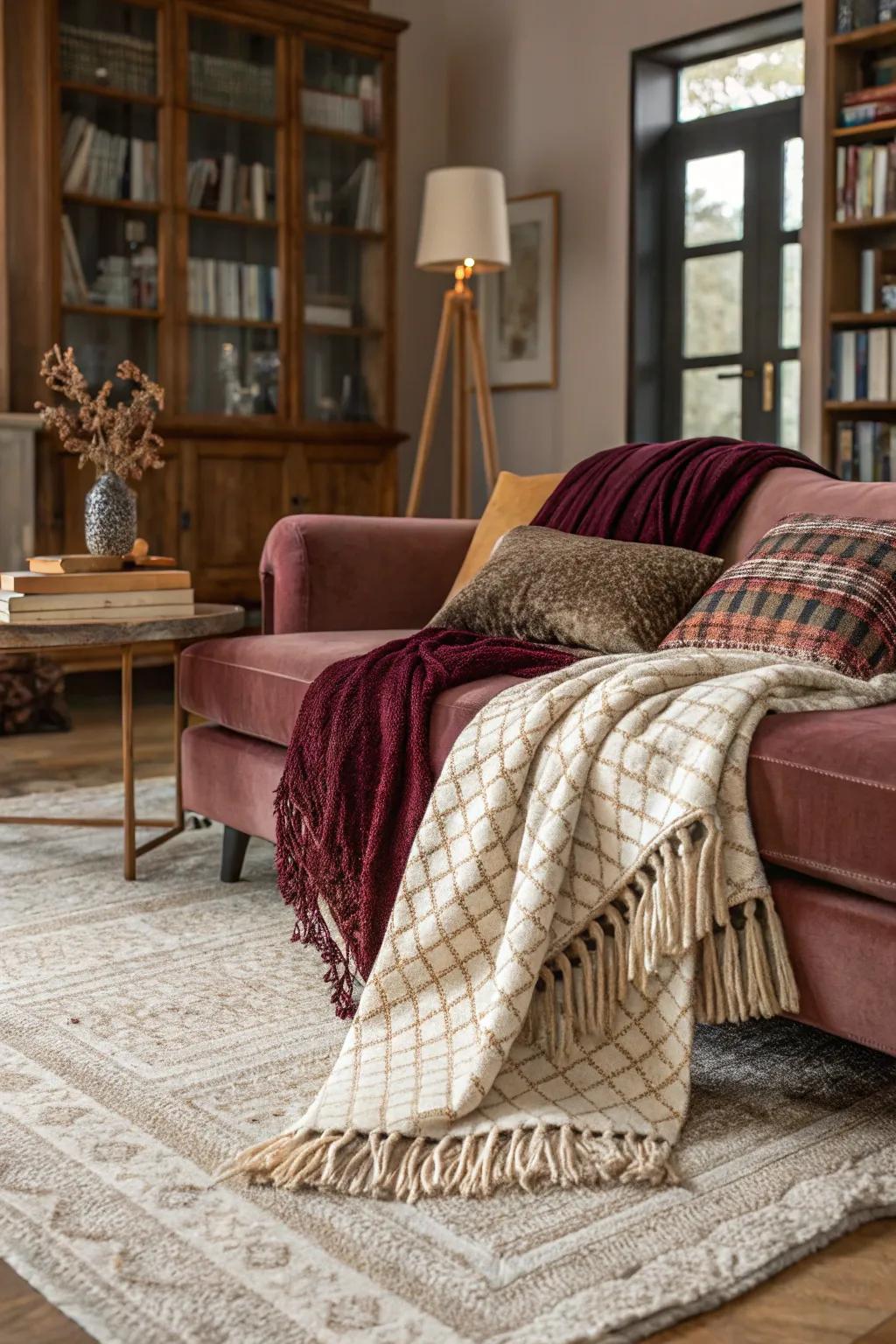 Layered textures enhance the cozy feel of the living room.