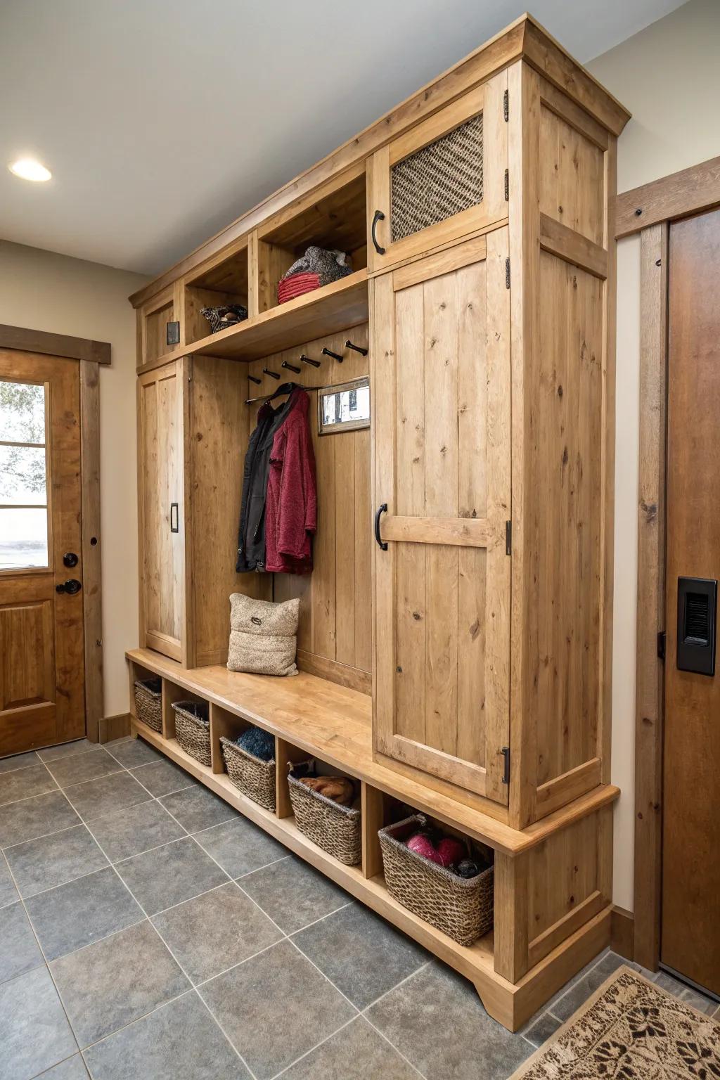 A stylish mudroom bench with sliding doors for concealed storage.