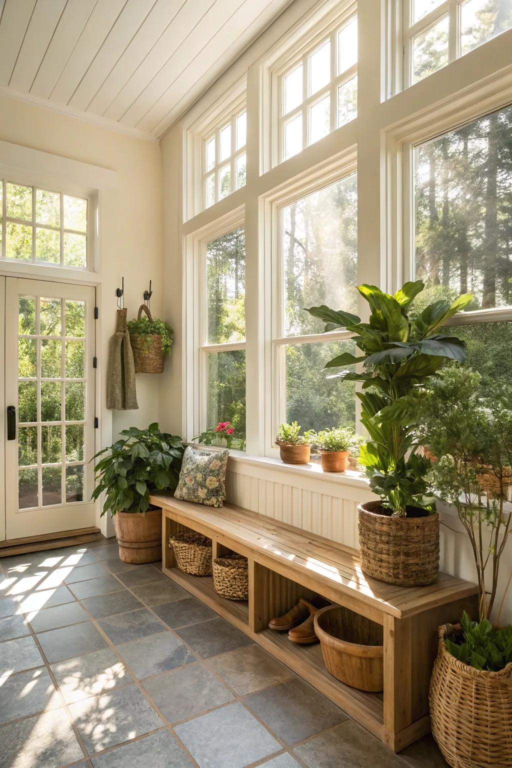 Natural light enriches the inviting ambiance of the mudroom.