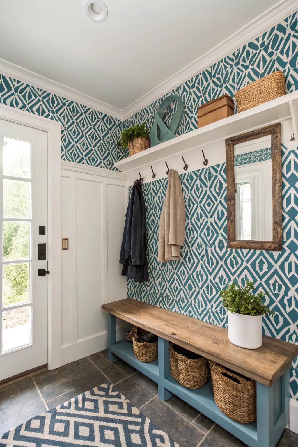 A mudroom shows off bold patterned wallpaper that adds style and visual interest.