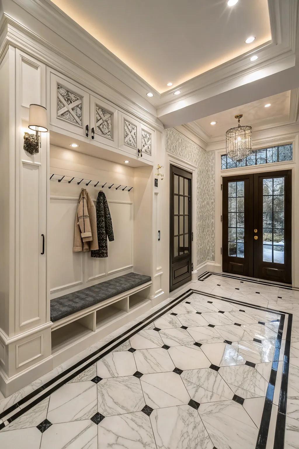 Timeless elegance is expressed by subdued marble floor coverings.