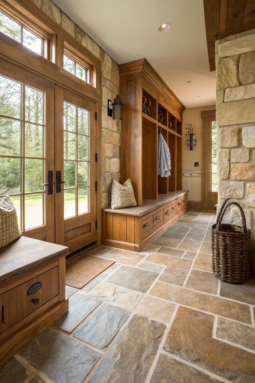 Natural rock tiles bringing enduring appeal to a mudroom