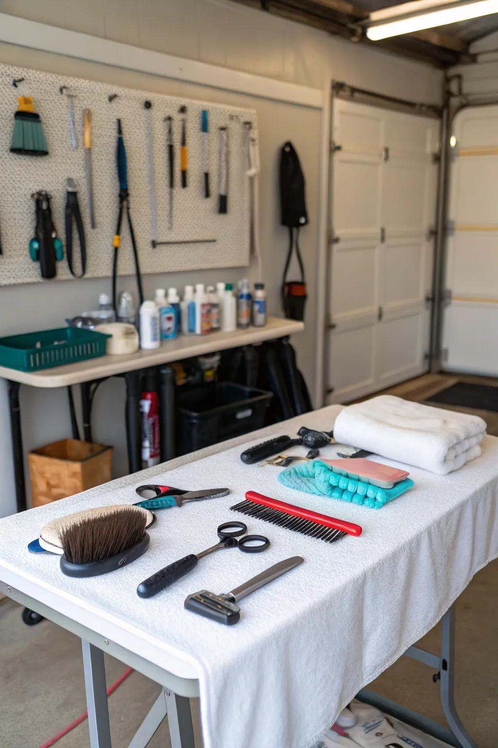 A pet spa station set up inside a garage.