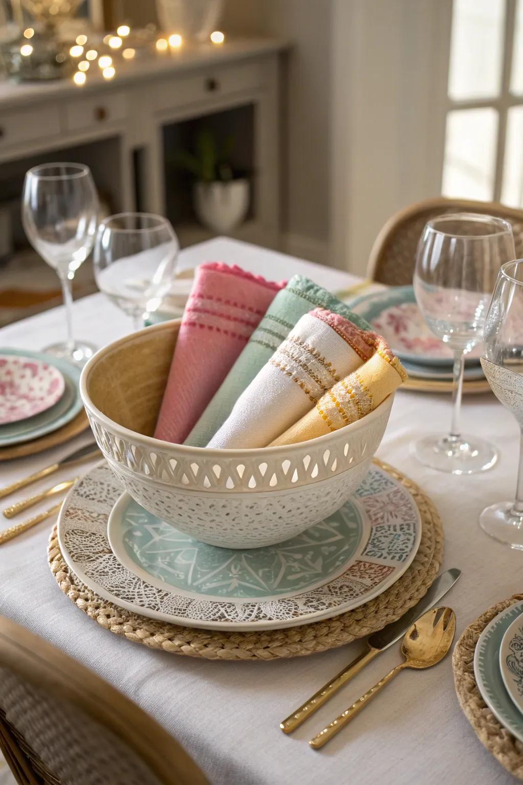 An ornamental bowl filled with napkins elevates any table arrangement.