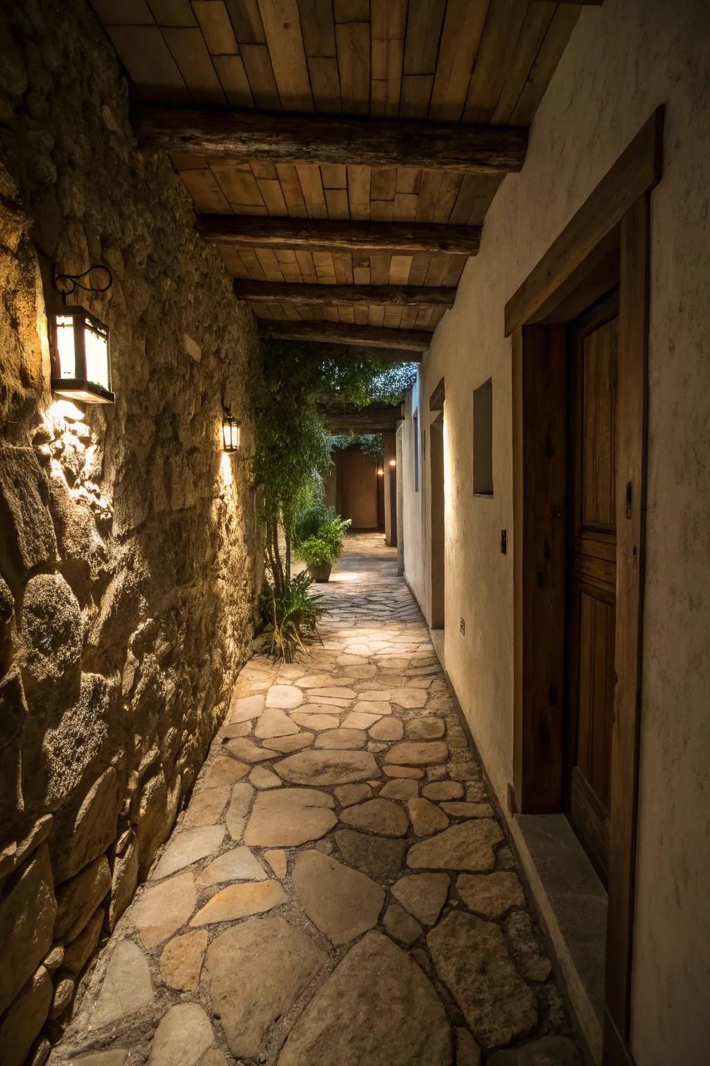 Stone floor covering can contribute a rustic, natural element to your hallway.