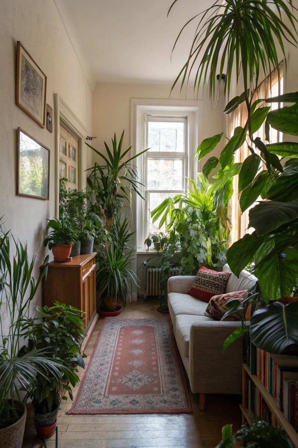 Towering indoor plants bringing vibrancy into a compact living area.