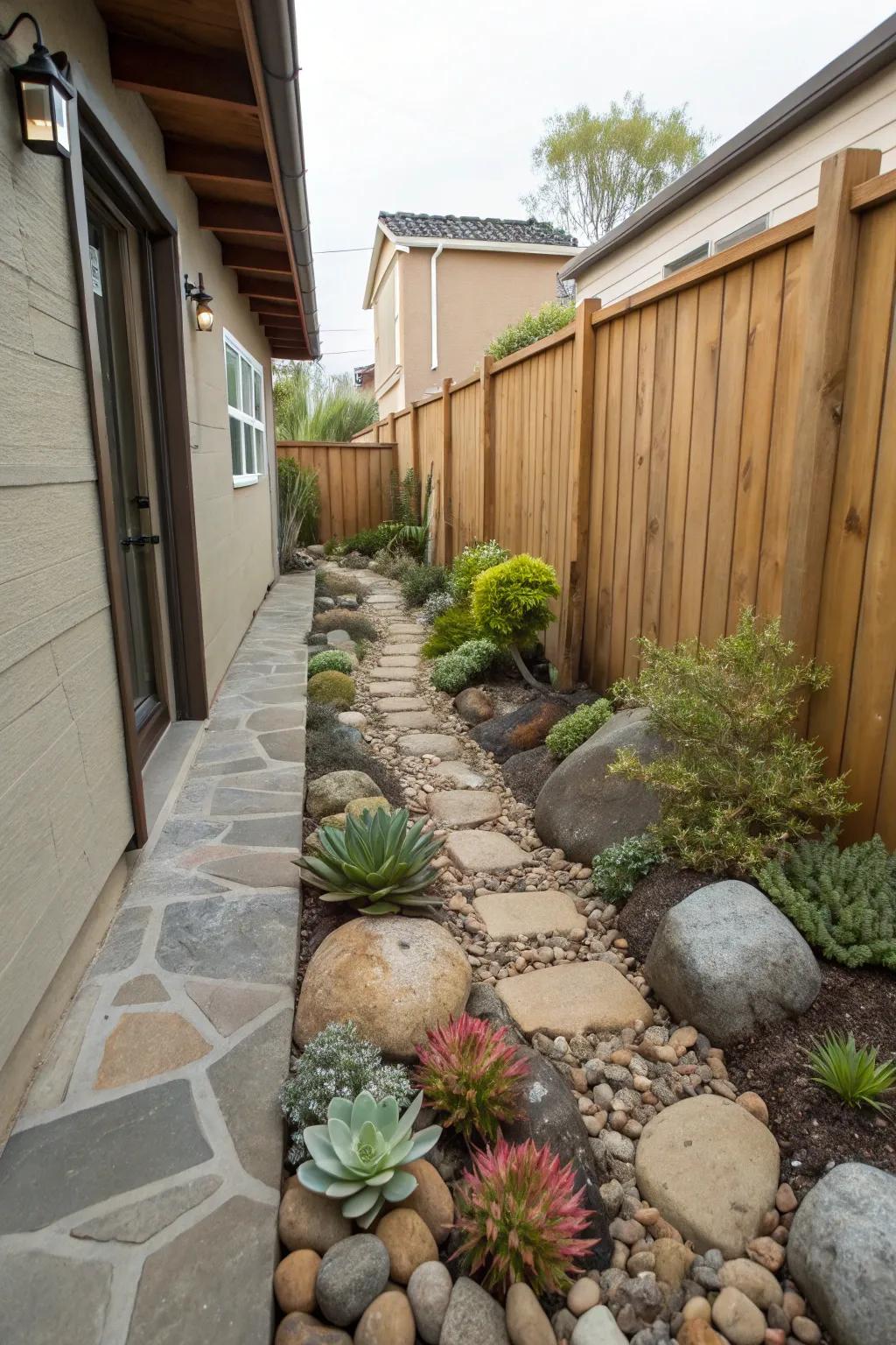 A rock garden contributes calm and texture.