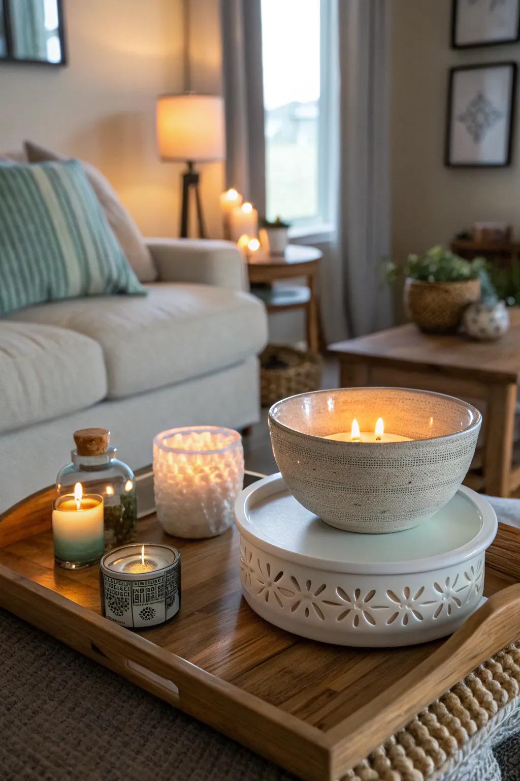 A scented wax melter fills the room with a subtle, natural fragrance.