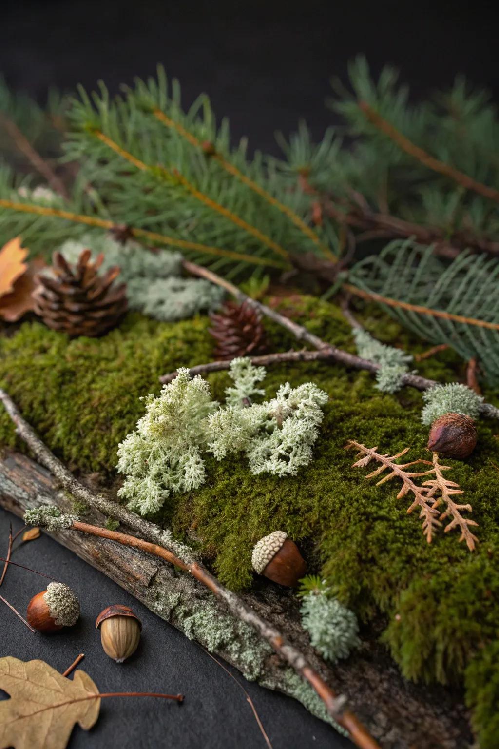 A woodland scene collage utilizing moss and branches.