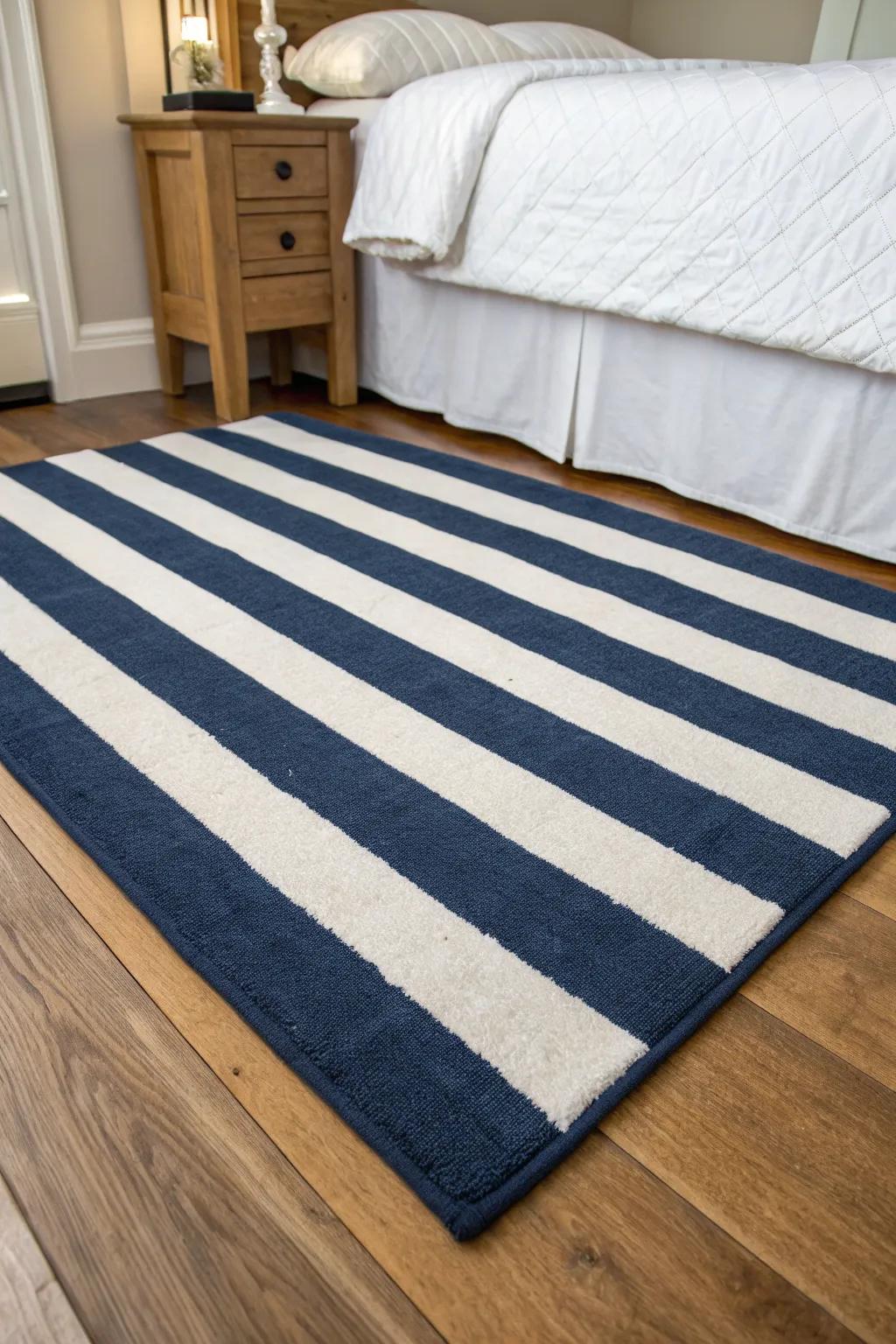 A striped rug anchors the coastal theme.