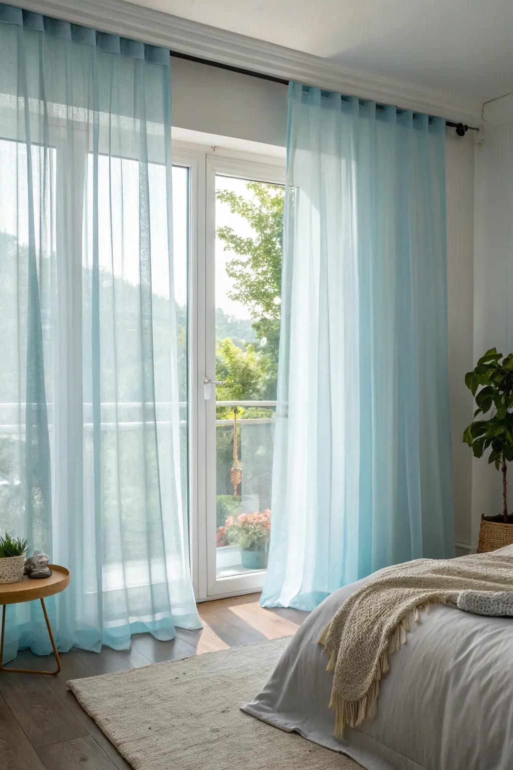 Gentle sky curtains enhance the airiness and brighten the overall ambiance of the bedroom.
