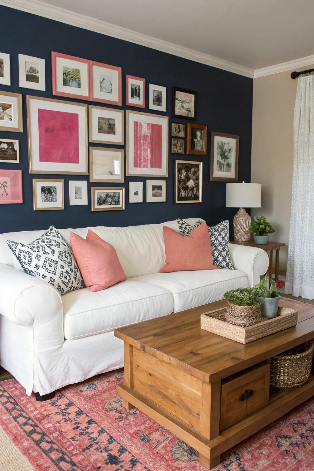 A navy and pink display wall personalizes your living space.