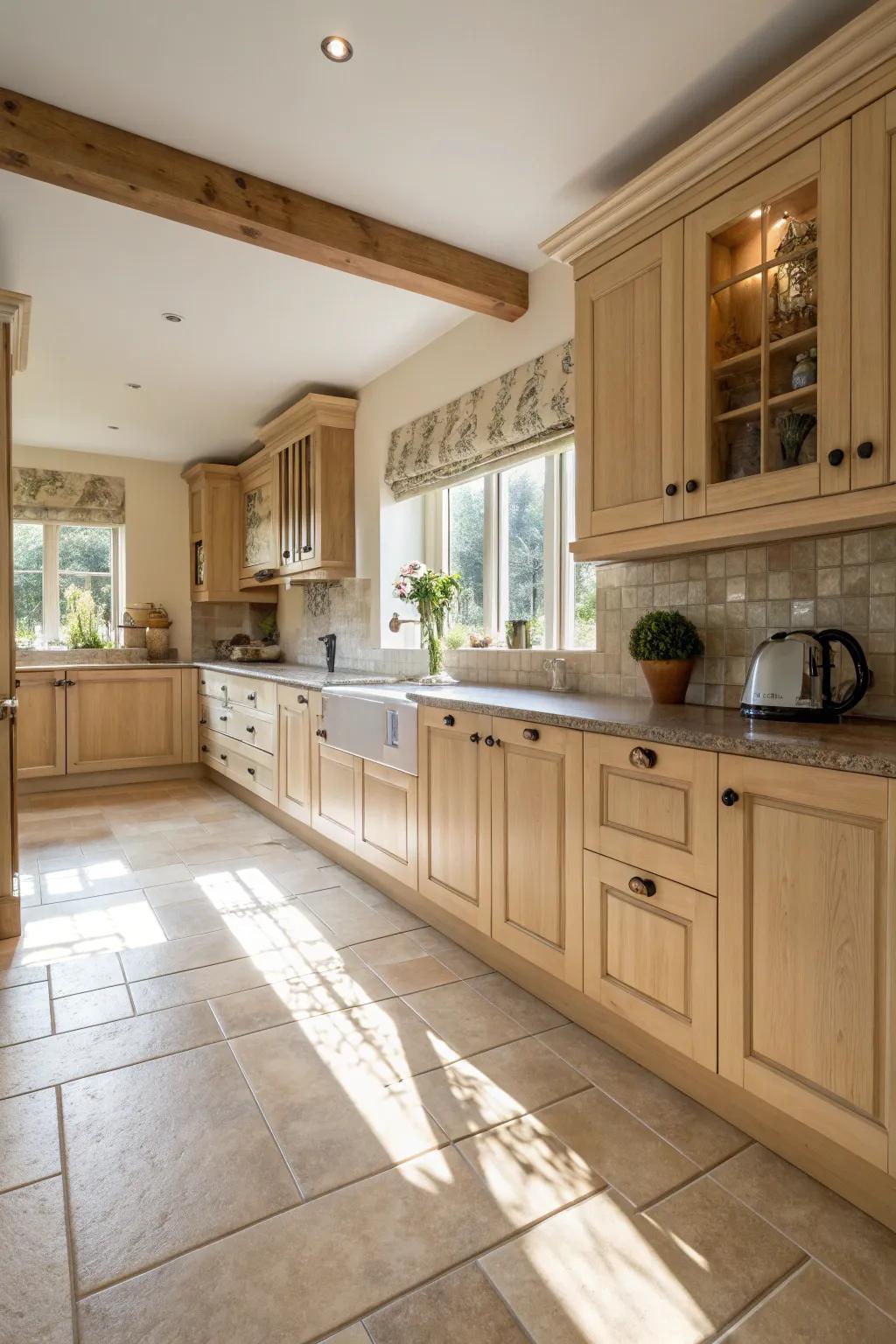 Timber and stone flooring adds texture to the kitchen's neutral palette.