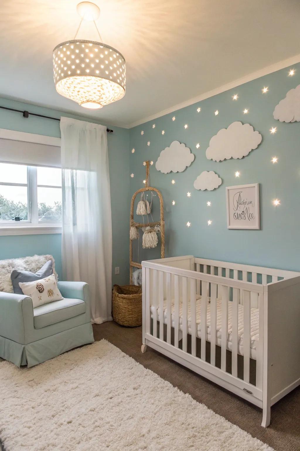 A nursery with calming cloudy sky blue tones.