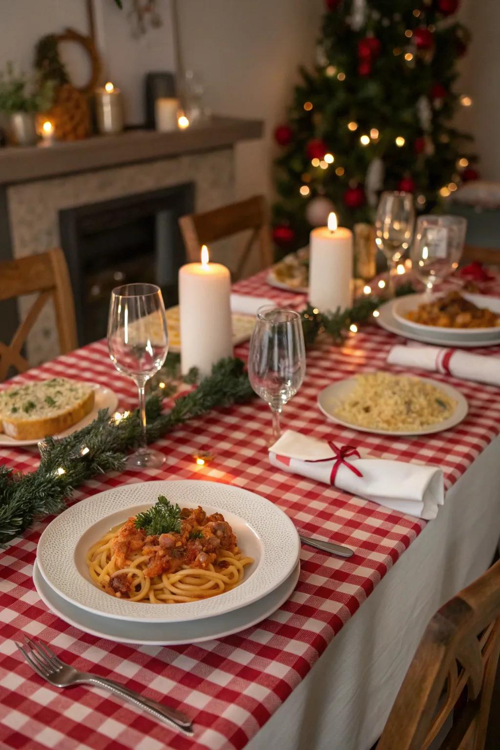 A beautifully set table for an Italian-themed holiday dinner night.