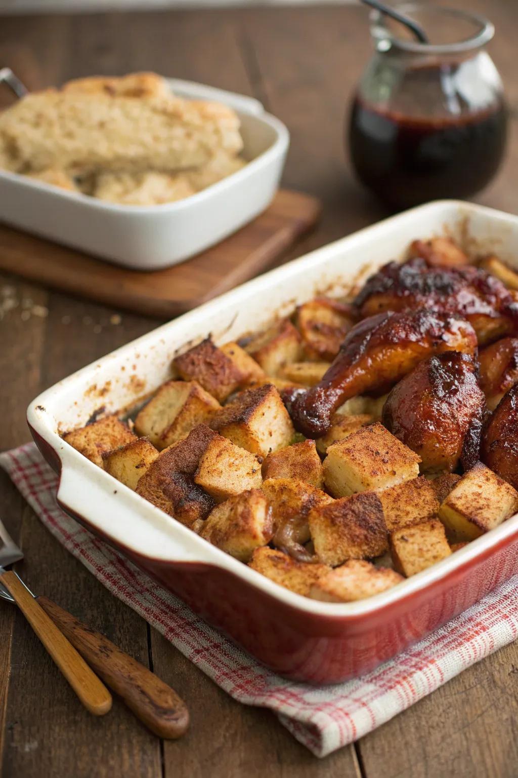 A unique grilled chicken and fruit bake, offering a delightful twist on comfort food.