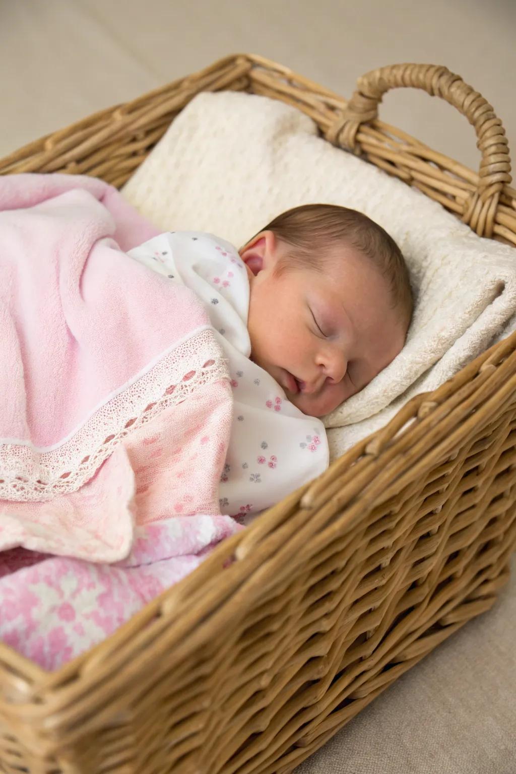 A charming newborn announcement featured in a cozy basket.