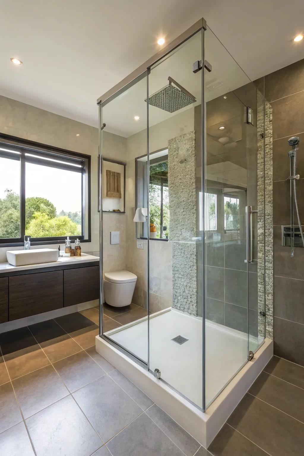 A sleek glass shower enclosure in a modern bathroom.