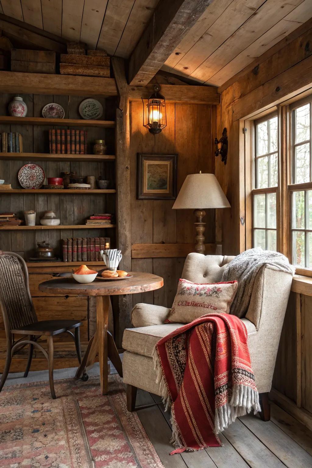 Showcase rustic charm by incorporating farmhouse-inspired elements and warm textures into your nook.