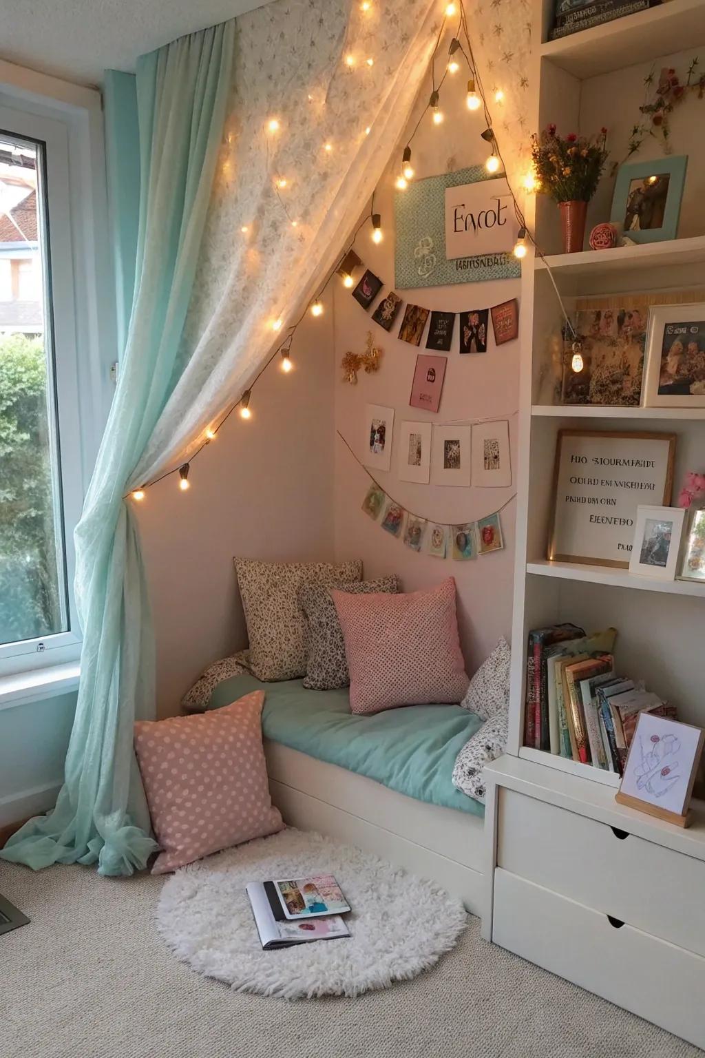 A personal nook filled with beloved items and colors.