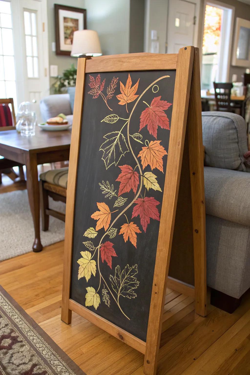 A descending foliage whiteboard motif that introduces the splendor of autumn indoors.