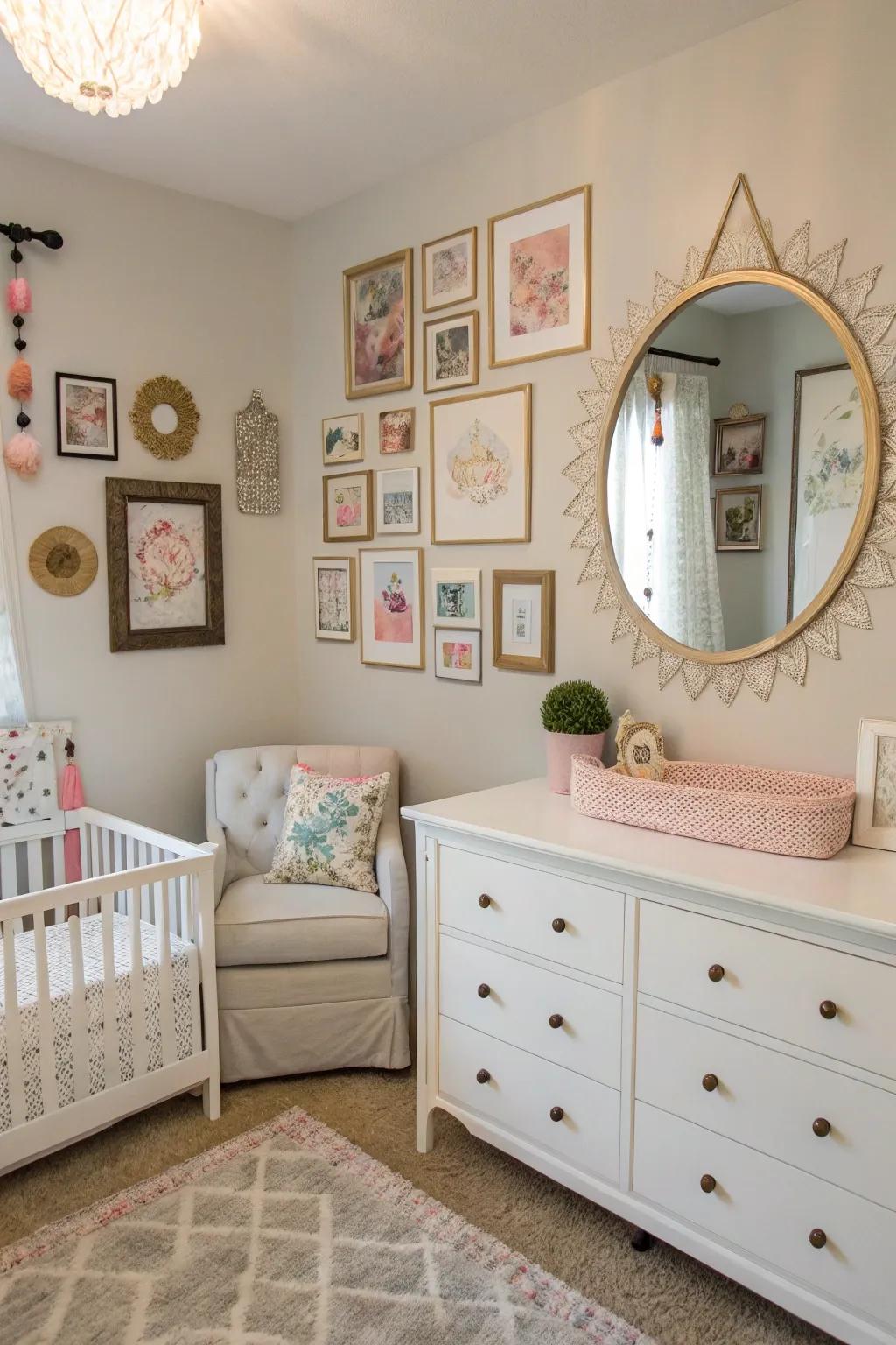 A picture wall with reflections adds personality and depth to this nursery.