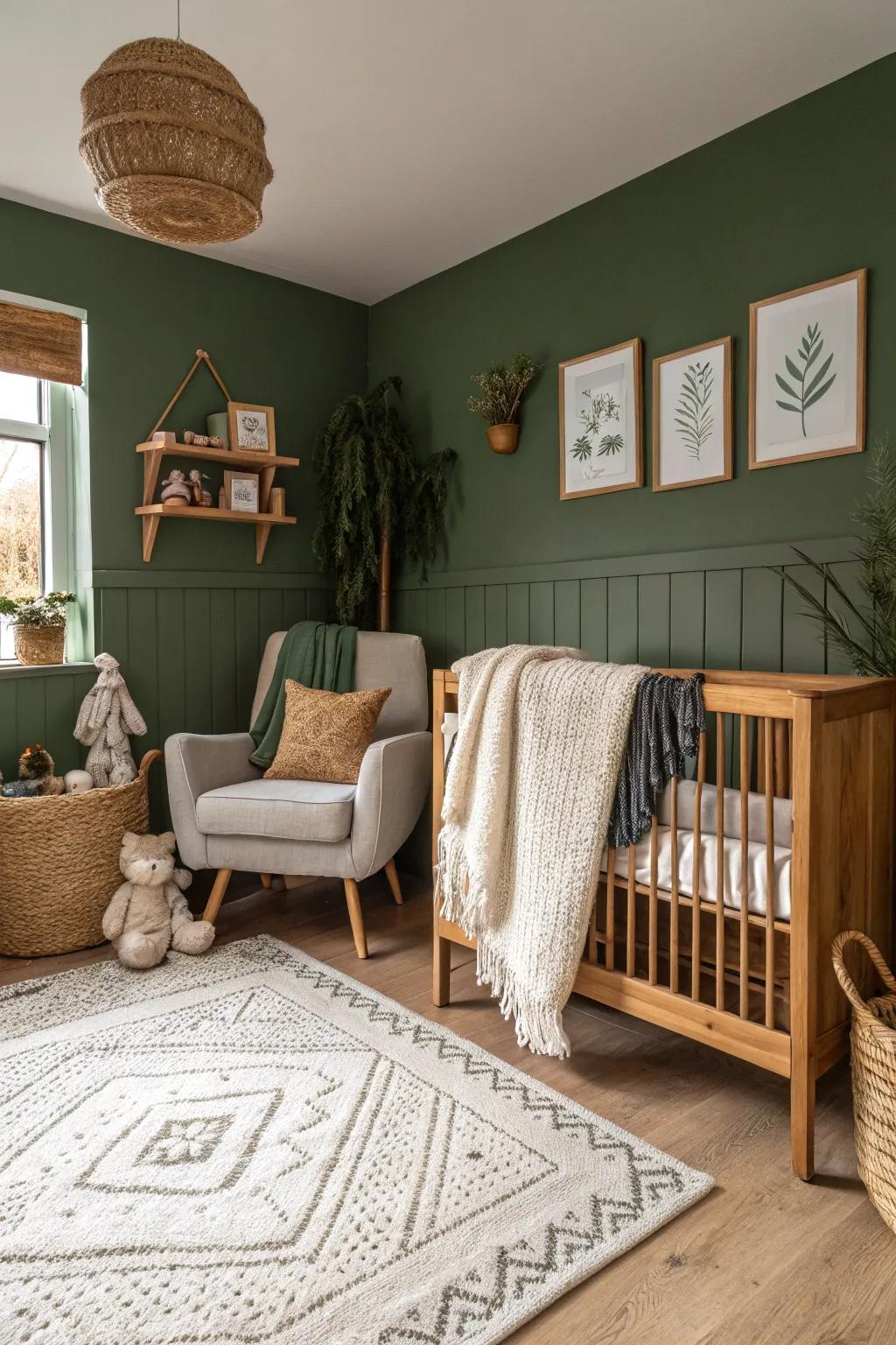 A nursery with walls painted in profound olive green for extra character.