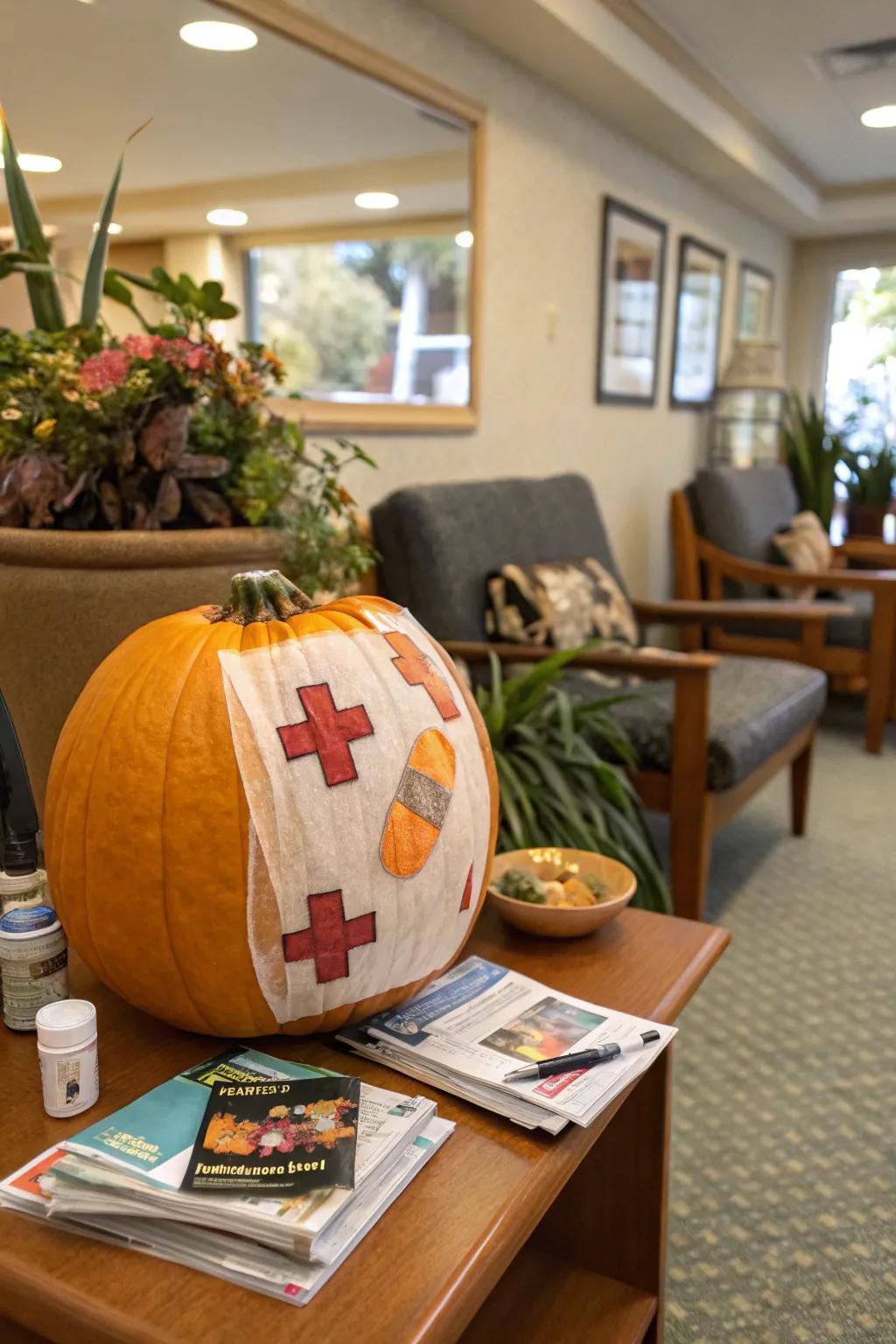 A pumpkin adorned with medical supplies gives it a quirky feel.