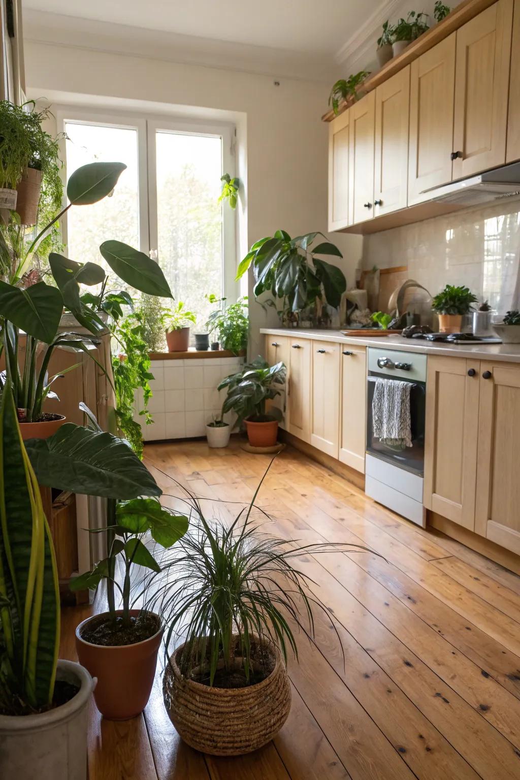 Greenery bringing life to an oak-floored kitchen.