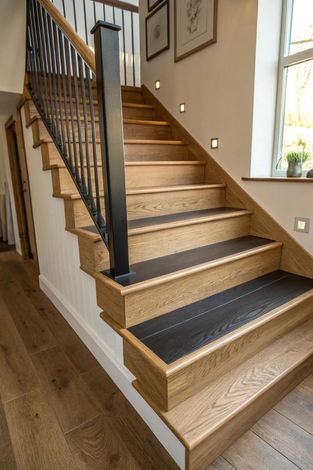 A standout highlight step in a beautifully crafted oak staircase.