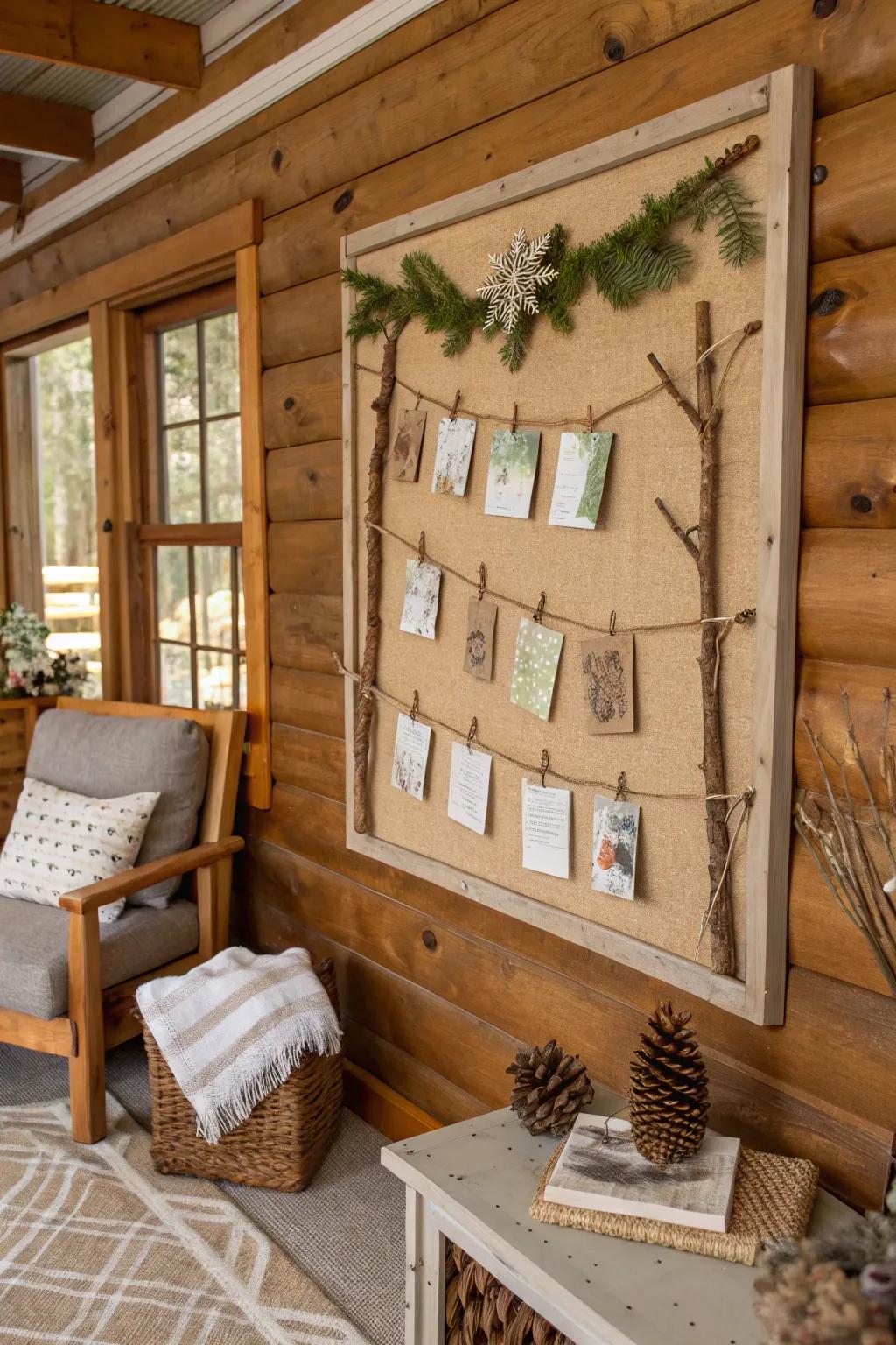 A rustic living room bulletin board with natural textures.