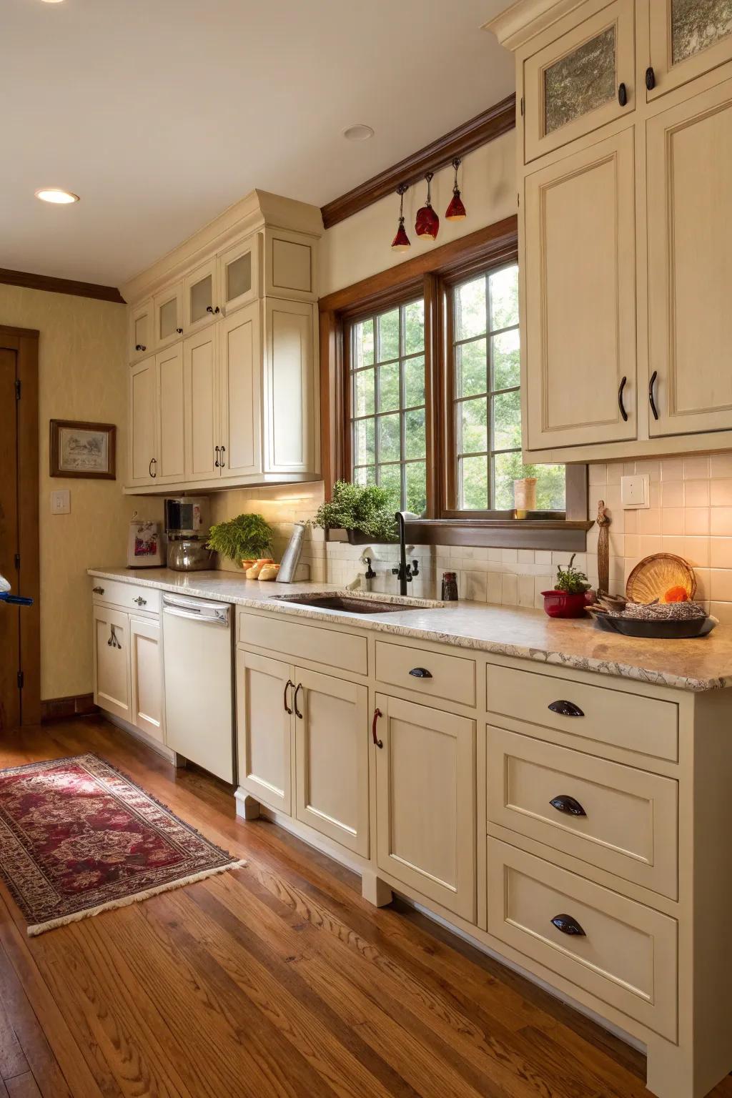 Wood floors enhance the warmth of soft white kitchens.