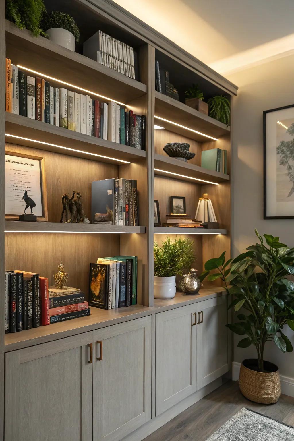 Lighting accents add warmth and emphasis to bookshelves.