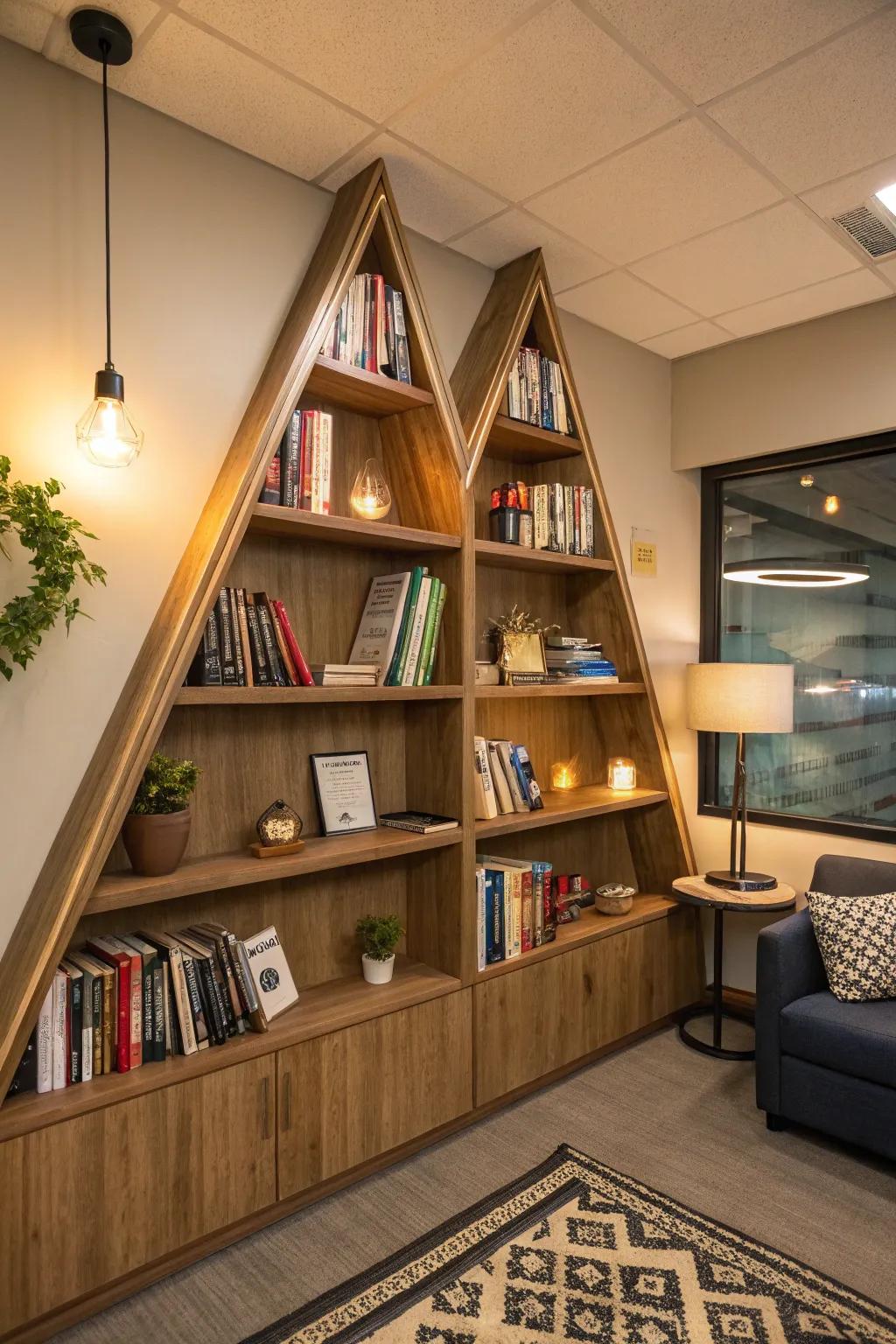 Triangular bookcases make flawless utilization of nook acreage for literature.