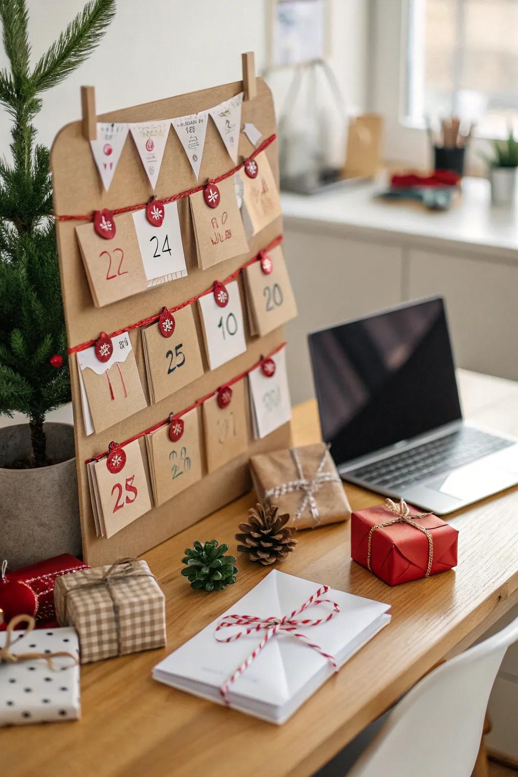 A DIY advent calendar adds daily excitement to your workspace.