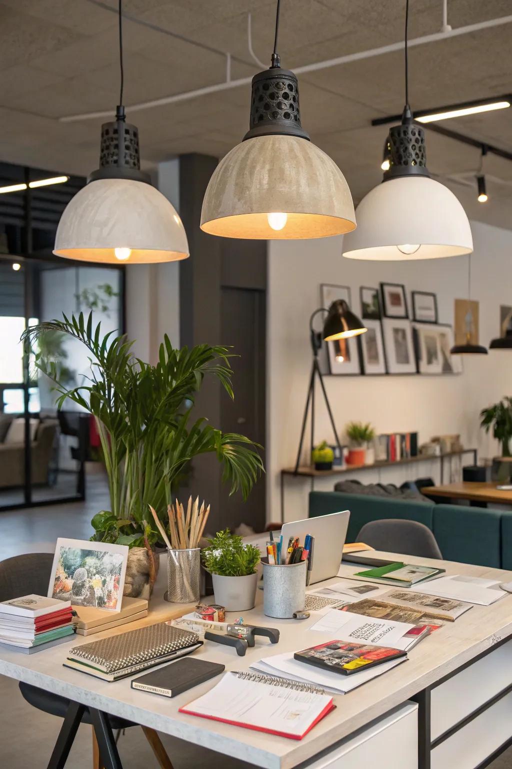 Add interest to your office using sculptural statement illumination.