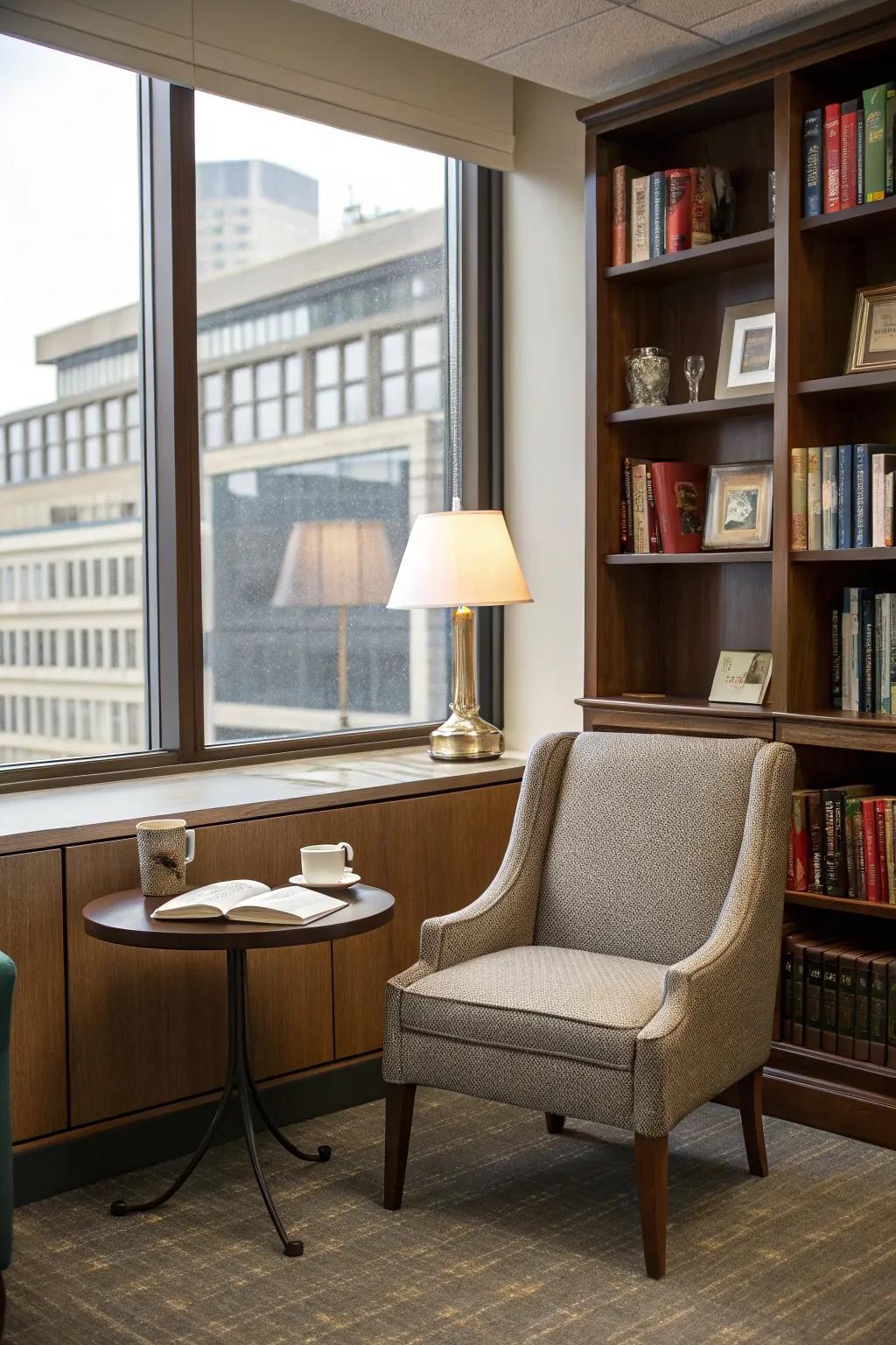 A small side table provides the perfect spot for books and beverages in this reading area.