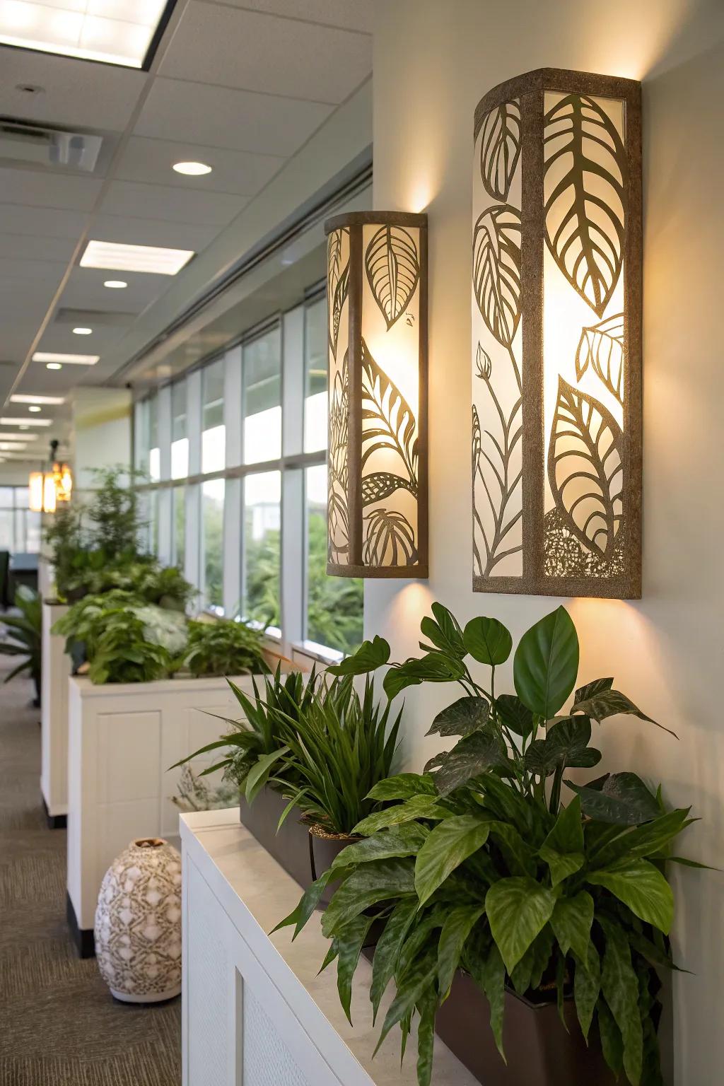 Nature-inspired sconces adding a whimsical touch to the office.