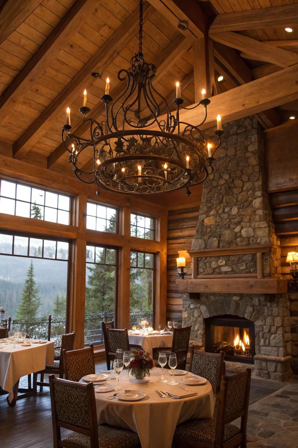 Unrefined retreat dining space illuminated by a breathtaking wrought iron lighting fixture.